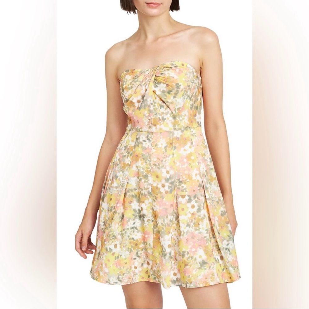 En Saison Twist Front Mini Dress - Yellow Floral Strapless Dress